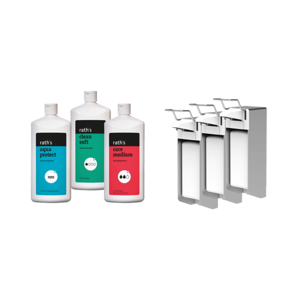 5-0018u Starter-Paket unparfümiert - z.B. für Tätigkeiten im Lebensmittelbereich - mit 3 Aluminium-Wandspendern Standardflaschen